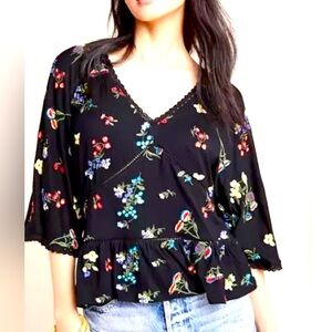 Anthropologie Size S Parvati Black Embroidered Floral Blouse Jersey Peasant